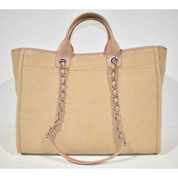 Chanel 22S Deauville Beige Large Shopping 30cm 2Way Silver Chain Handle Tote Bag - Picture 7 of 12